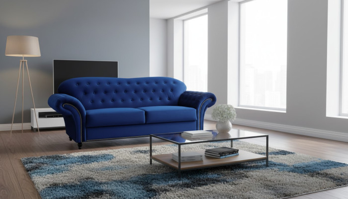 Three-seater couch textile blue sofa upholstery furniture furnishings sofas couches