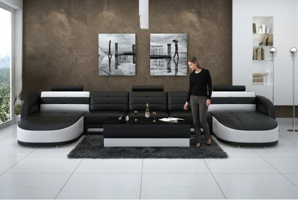 Design leather sectional sofa corner modern set couch corner USB new black