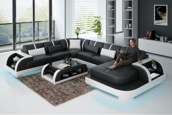 Modern leather sofa, couch living landscape, design corner sofa, corner suite, sofa light, USB