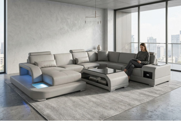 Corner sofa with USB upholstery couch seat grey leather suite modern living landscape