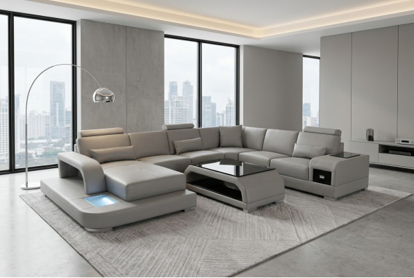 Corner sofa with USB upholstery couch seat grey leather suite modern living landscape