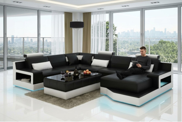 Design leather living landscape corner sofa modern set couch corner black USB new