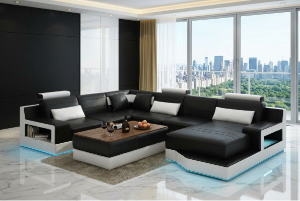 Design leather living landscape corner sofa modern set couch corner black USB new