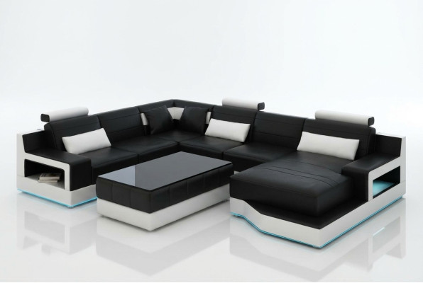 Design leather living landscape corner sofa modern set couch corner black USB new