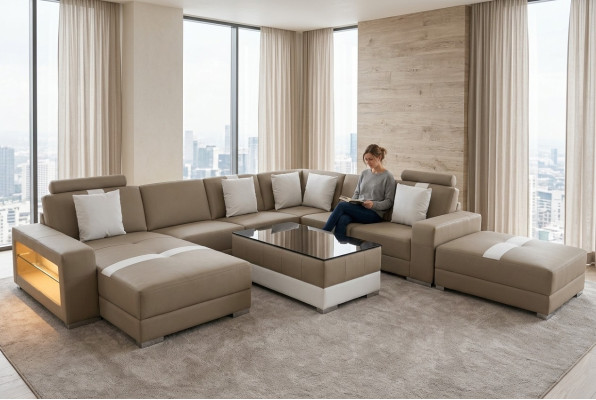 U-shaped sectional sofa, couch seating cushion, corner leather, modern designer couches + USB