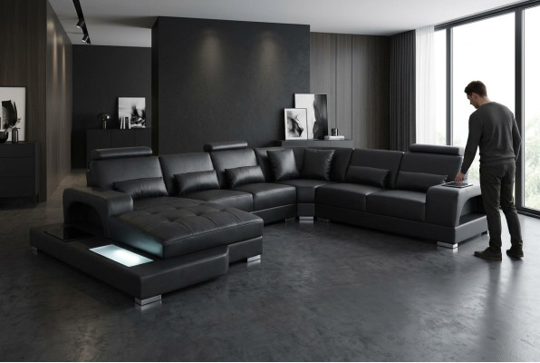Design leather upholstered corner room sofa, corner sofas with USB designer living LED