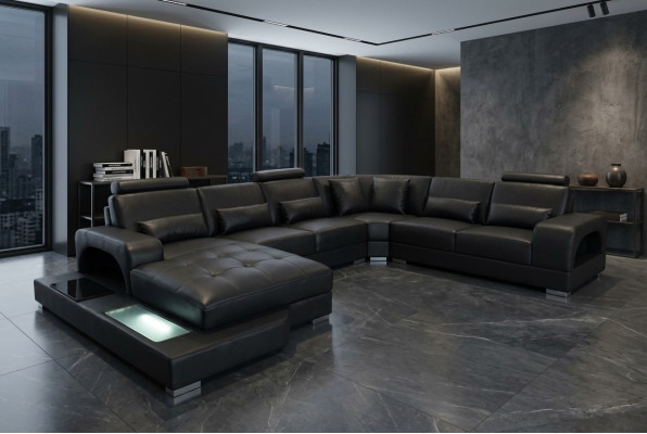 Design leather upholstered corner room sofa, corner sofas with USB designer living LED