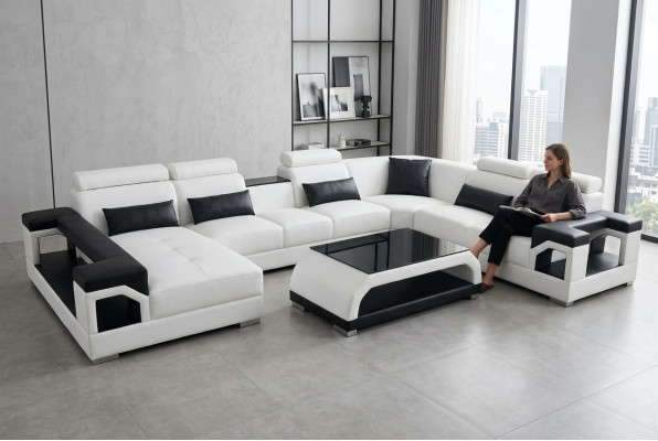 Leather corner couch sofa modern seating couch design living landscape + table + USB
