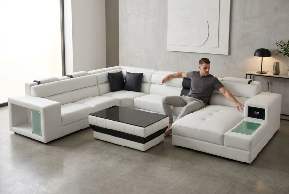 Sectional sofa with lighting & USB connection, modern leather living area sofa upholstery