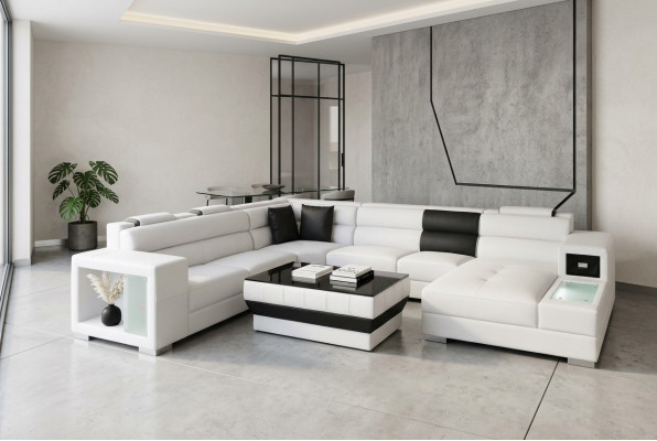 Sectional sofa with lighting & USB connection, modern leather living area sofa upholstery