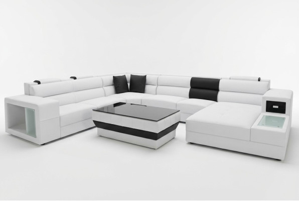 Sectional sofa with lighting & USB connection, modern leather living area sofa upholstery