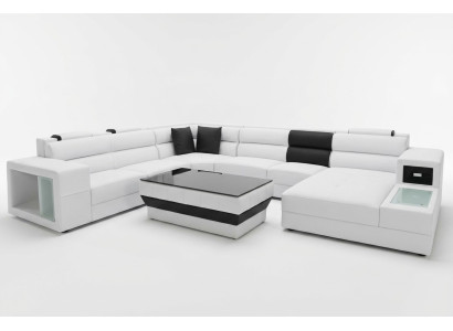 Sectional sofa with lighting & USB connection, modern leather living area sofa upholstery