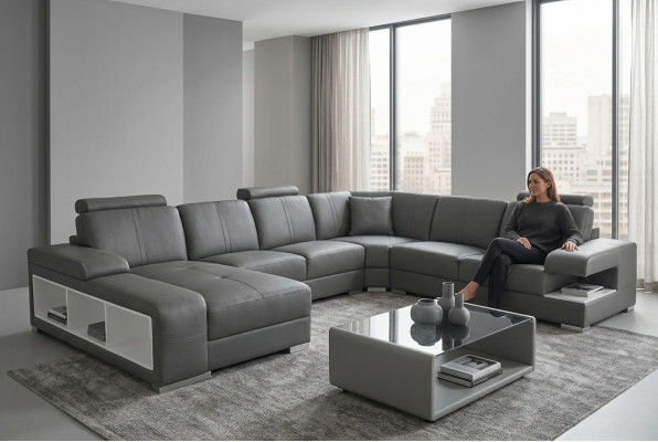 Living Room Sofa Couch Leather Upholstery Corner Seating Set U Shape Living Area +USB