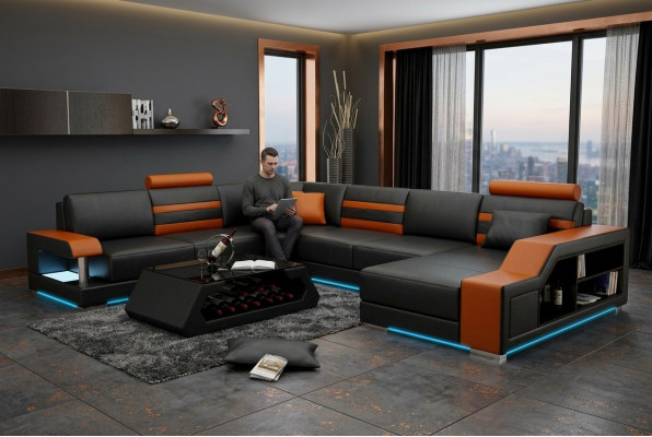 Design sofa corner sofa living landscape with shelf upholstery seating set leather sofa USB