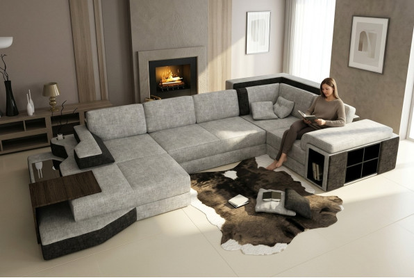 XXL Design Big Sofa with USB Corner Sofa Couch Living Landscape U Shape Leather Fabric Corner