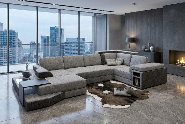 XXL Design Big Sofa with USB Corner Sofa Couch Living Landscape U Shape Leather Fabric Corner