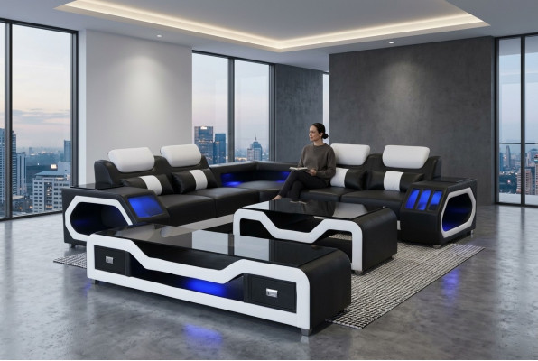Leather sectional corner sofa suite design modern sofa with USB + coffee table