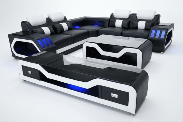 Leather sectional corner sofa suite design modern sofa with USB + coffee table