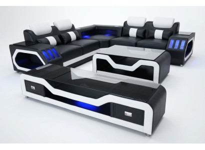 Leather sectional corner sofa suite design modern sofa with USB + coffee table