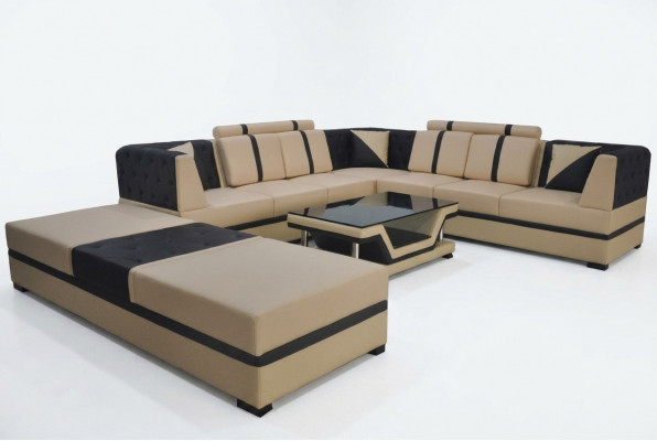 Leather corner sofa couch upholstery seat living landscape design furniture set + USB