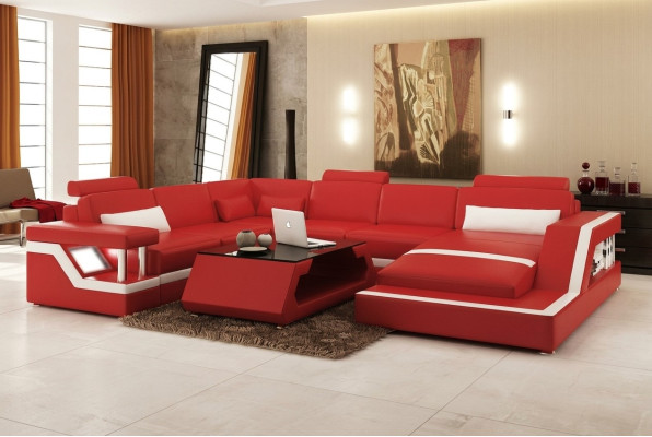 Design Leather Living Landscape Corner Sofa Modern Suite Couch Corner Red USB + LED