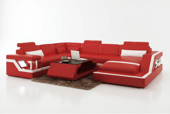 Design Leather Living Landscape Corner Sofa Modern Suite Couch Corner Red USB + LED