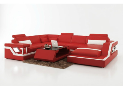 Design Leather Living Landscape Corner Sofa Modern Suite Couch Corner Red USB + LED