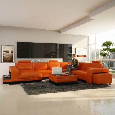 Design leather living landscape corner sofa modern set couch corner new orange USB