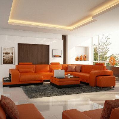 Design leather living landscape corner sofa modern set couch corner new orange USB