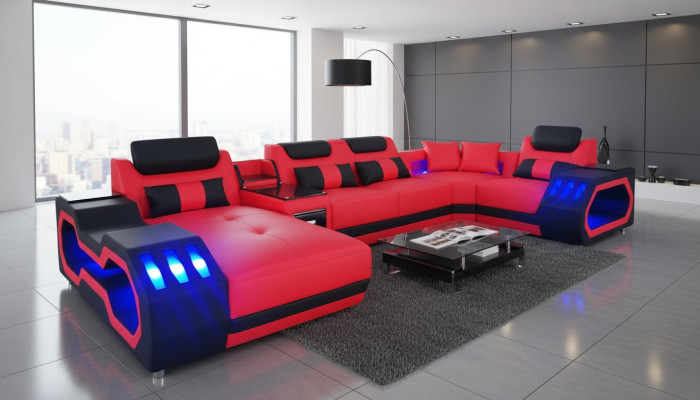 Leather sofa couch living room set design modern sofa U-shape sofa with USB