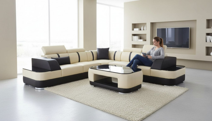 Corner sofa + USB leather upholstery corner unit couches L shape + table living area