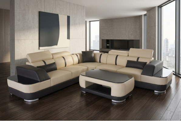 Corner sofa + USB leather upholstery corner unit couches L shape + table living area