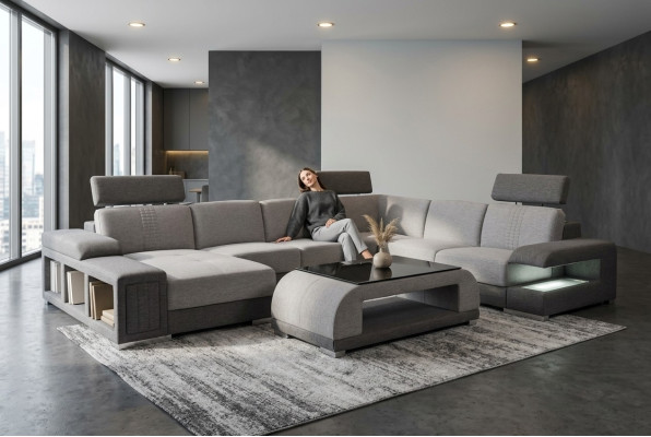Modern sofa set corner leather couch upholstered living landscape USB+table