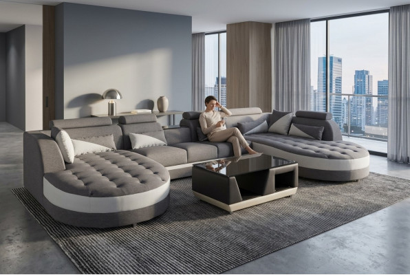 Modern textile couch + USB connection + coffee table living area U-shaped corner