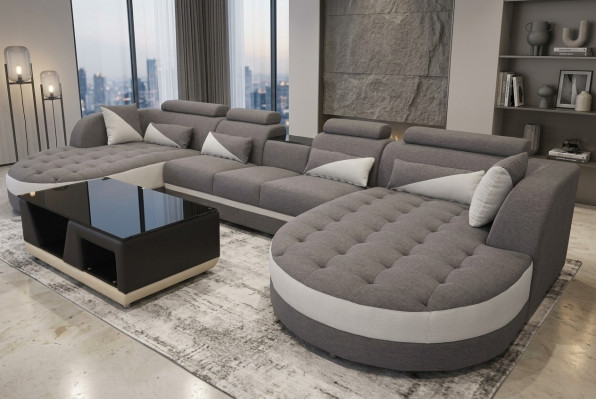 Modern textile couch + USB connection + coffee table living area U-shaped corner