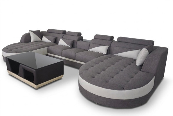 Modern textile couch + USB connection + coffee table living area U-shaped corner