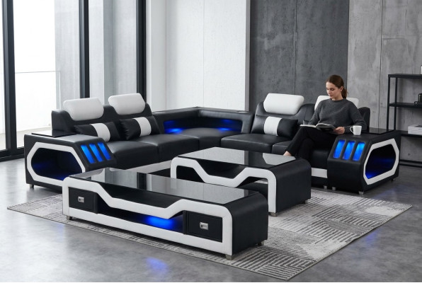 Modern leather sofa living landscape L-shaped sofa couch sound - USB - Bluetooth new