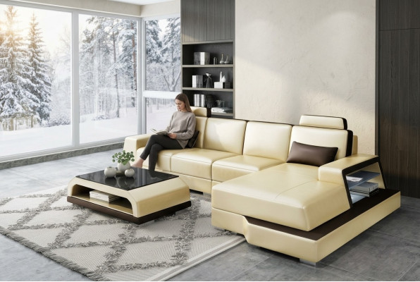 Modern sectional sofa design corner living landscape leather textile couch LED