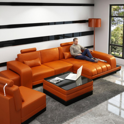 Leather sofa couch living area corner sofa corner ensemble design sofa USB orange new