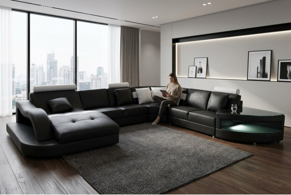 Leather sofa living landscape corner set design modern sofa with USB L6015 table