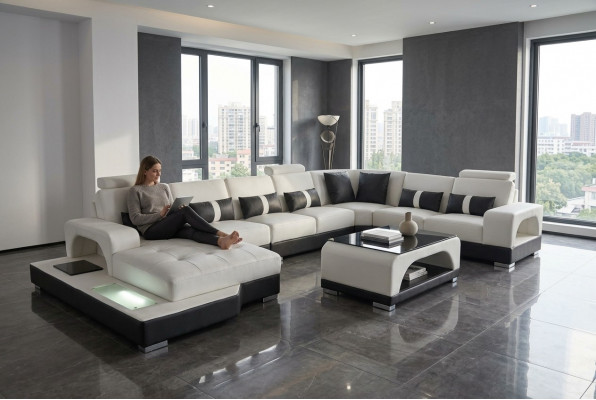 Leather sofa with USB modern seating couch upholstery corner couches living landscape + table
