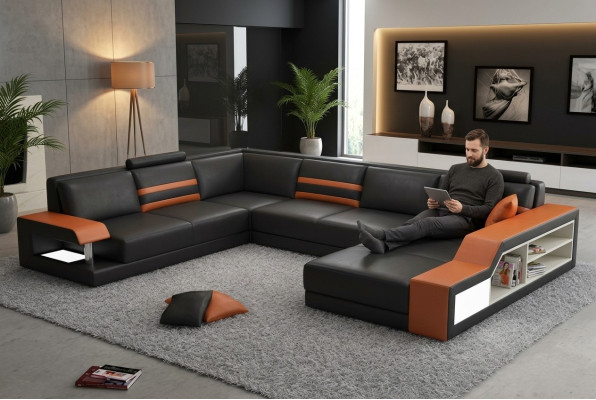 Designer corner sofa with USB, leather sofa upholstery seat corner set LED couch