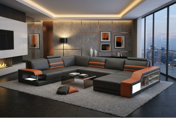 Designer corner sofa with USB, leather sofa upholstery seat corner set LED couch