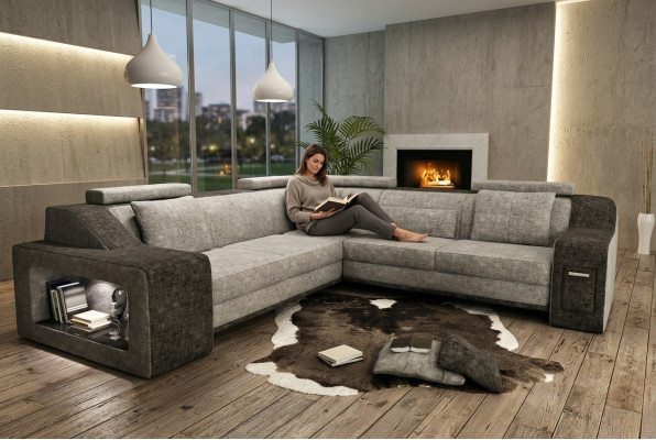 Sectional sofa leather fabric sofa with USB, upholstery living landscape L set seat Isching