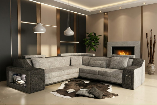 Sectional sofa leather fabric sofa with USB, upholstery living landscape L set seat Isching