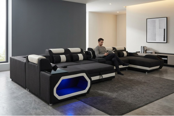XXL Modern Leather Upholstered Corner Couch Sofa Corner Living Area Bed USB LED