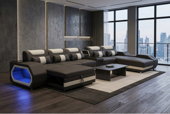 XXL Modern Leather Upholstered Corner Couch Sofa Corner Living Area Bed USB LED