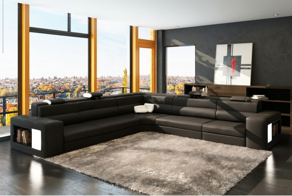 Leather sofa with USB corner sofa seat cushion living landscape XXL Big Willows Black