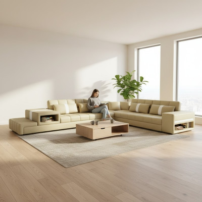 Sectional sofa couch USB upholstery living landscape leather sofa design L shape new beige