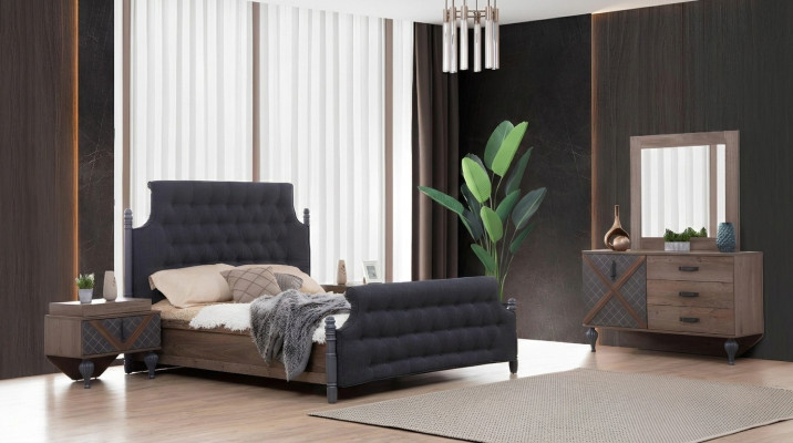 Bed, Nightstand, Dresser with Mirror, Bedroom 4-Piece Set Chesterfield